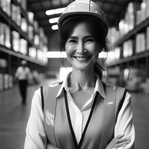 Management de transition supply chain et logistique - femme en habits de chantier dans un entrepôt