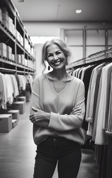 Management de transition retail - femme debout au milieu de portants de vêtements