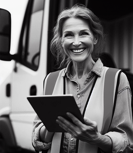 Management de transition supply chain & logistique - femme tient un etablette avec un gilet de sécurité devant un camion